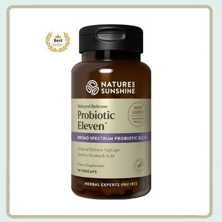 Nature's Sunshine Probiotic Eleven supplement bottle on a light blue background