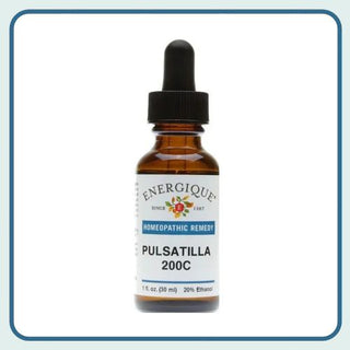 Pulsatilla 200C - 1 oz. - Menstrual pain, irregularity, especially with shifting, changeable symptoms.
